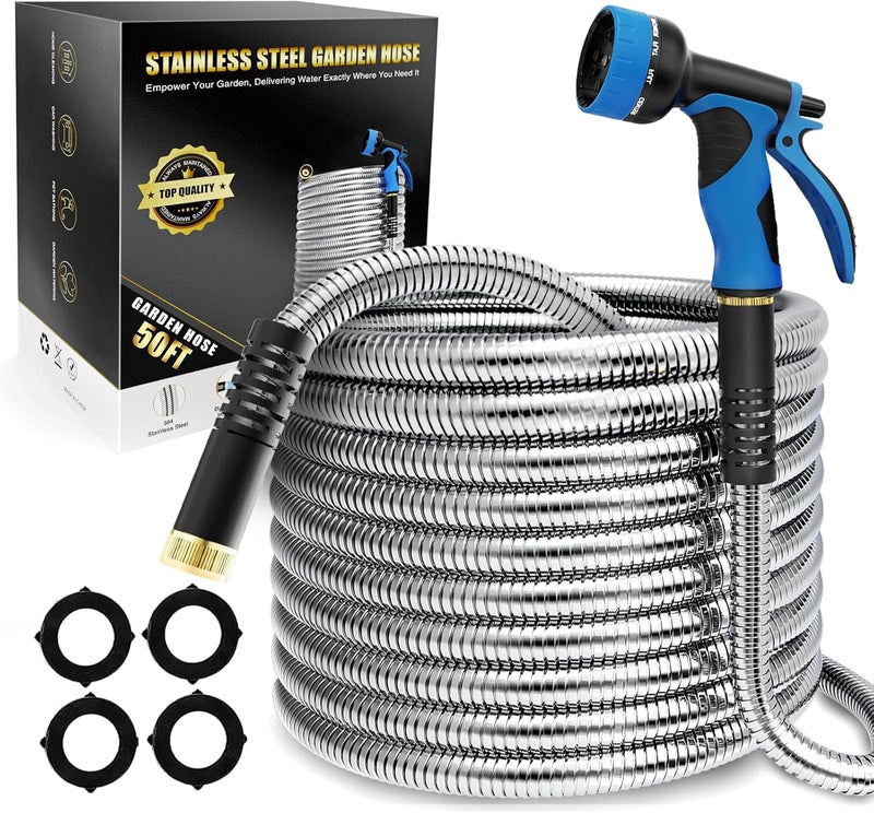 Lefree Garden Hose 50ft, Stainless Steel Garden Hose Metal, Flexible Water Hose with 10-Function Nozzle, Crush Resistant, Leak Proof, No Kinks Heavy Duty Hose for Yard, Outdoors, Rv - Image 1